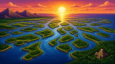a wide river delta seen from above at sunset, no people — 16-Bit Pixel Art Style wallpaper