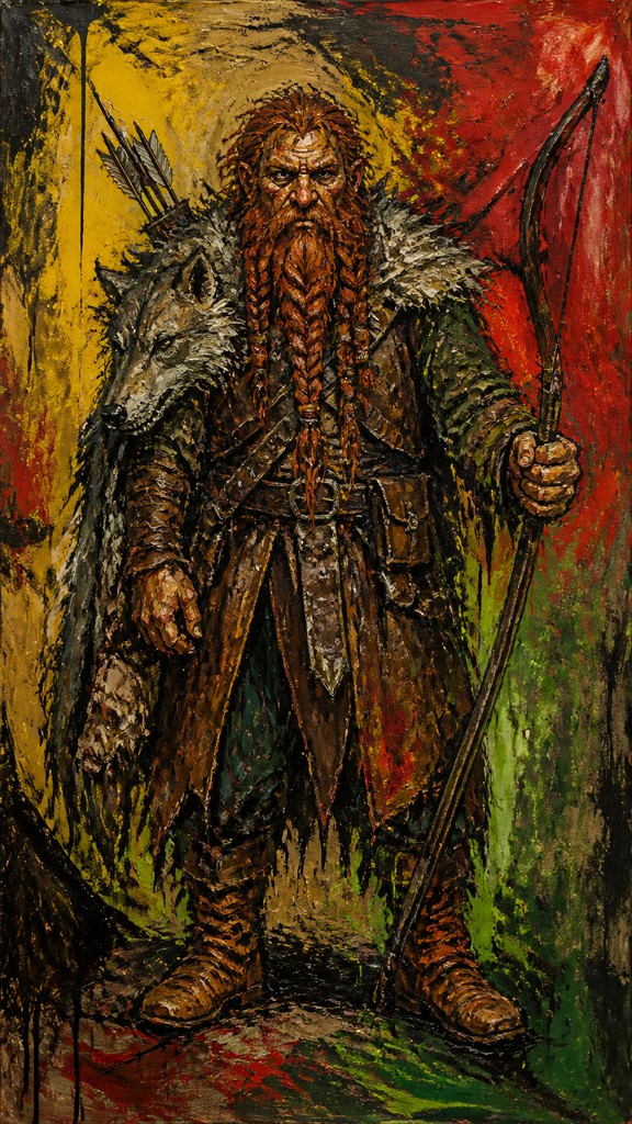 full-body original character: a dwarven ranger with a braided auburn beard, worn leather armor, a longbow and a wolf-pelt cloak, neutral background, no text — Neo-Expressionism Art Style tabletop character portrait