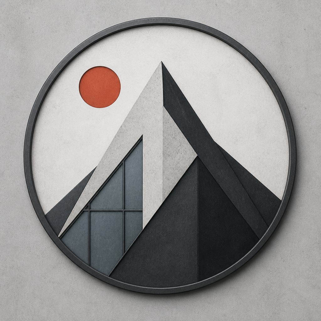 an emblem of a mountain peak inside a circle, simple bold shapes on a plain background, no text or lettering — Minimalist Modern Art Style logo concept