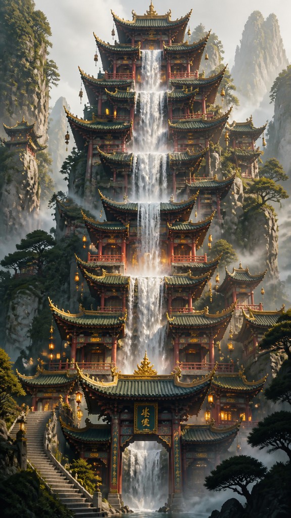 towering waterfall cascading down a cliff — Pagoda Architecture Style