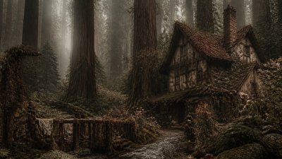 a panoramic redwood forest with light rays through mist, no people — Dark Cottagecore Aesthetic wallpaper