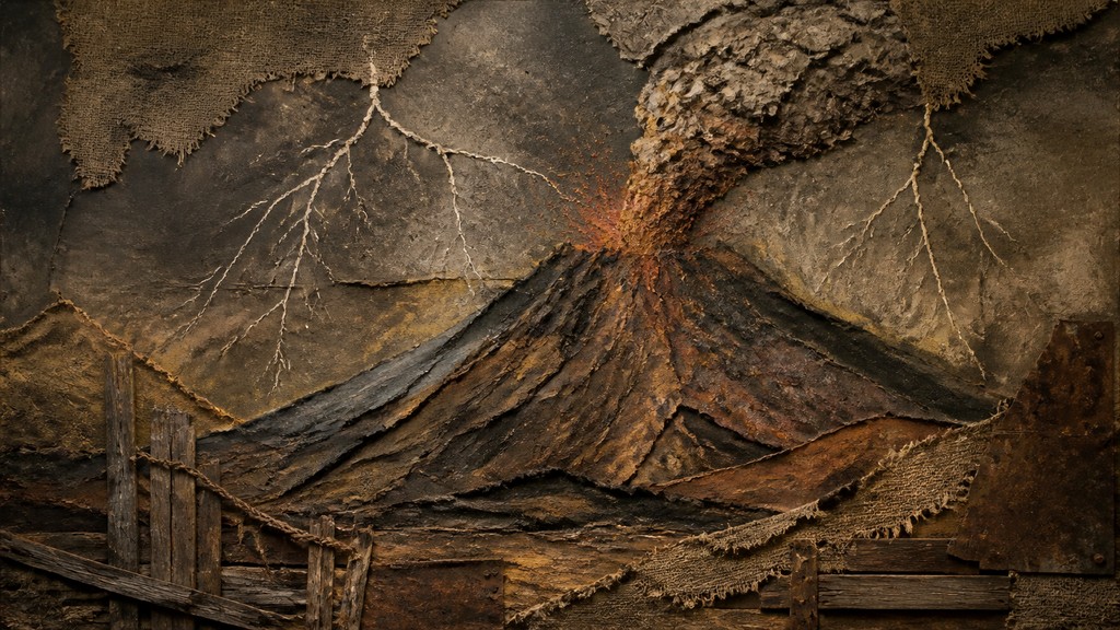 an erupting volcano with lightning strikes, dramatic wide composition, no text — Arte Povera Art Style YouTube thumbnail