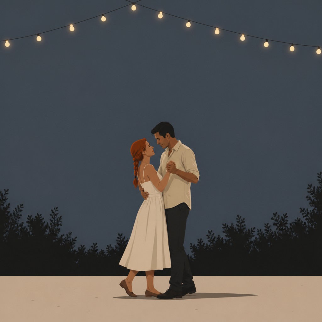 an original couple dancing under string lights in a garden at dusk: a man with short black hair in a linen shirt and a woman with braided red hair in a summer dress — Minimalist Photography Style couple portrait