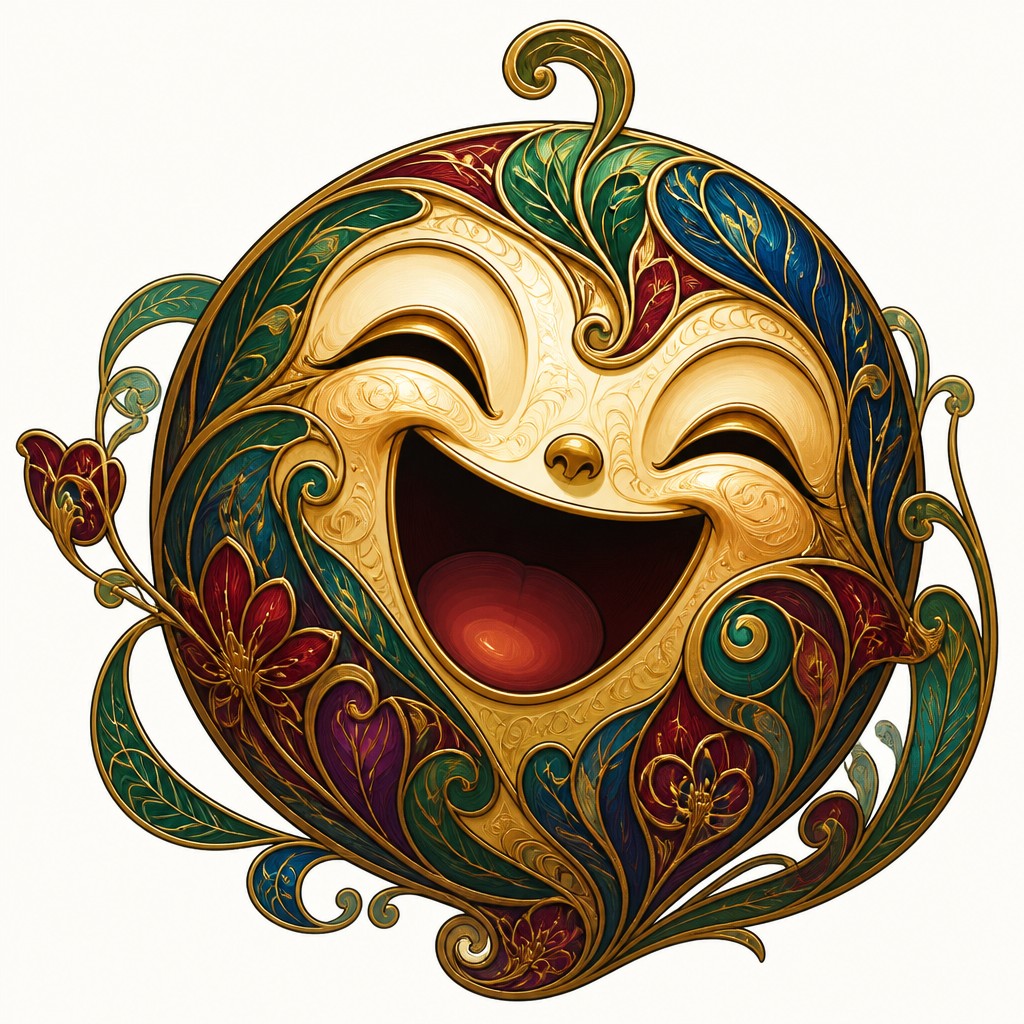 an exaggerated laughing face of an original round mascot character, bold and readable at small size, plain background, no text — Art Nouveau Architecture Art Twitch emote