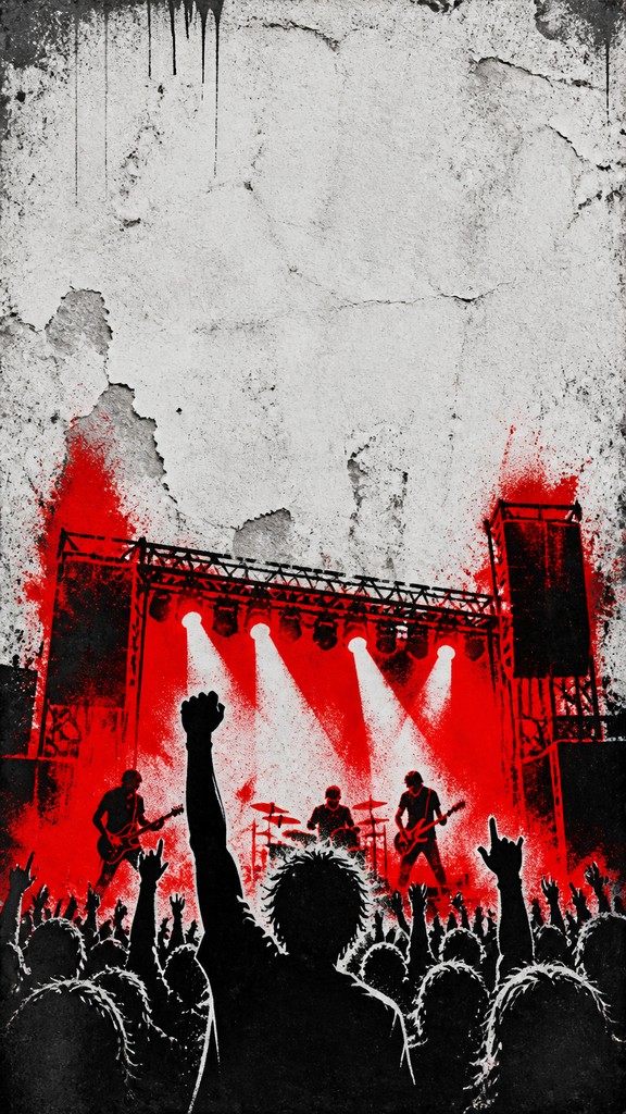 a live music scene with a glowing stage and silhouetted crowd, energetic vertical composition with open space at the top, no text — Stencil Street Art Style flyer