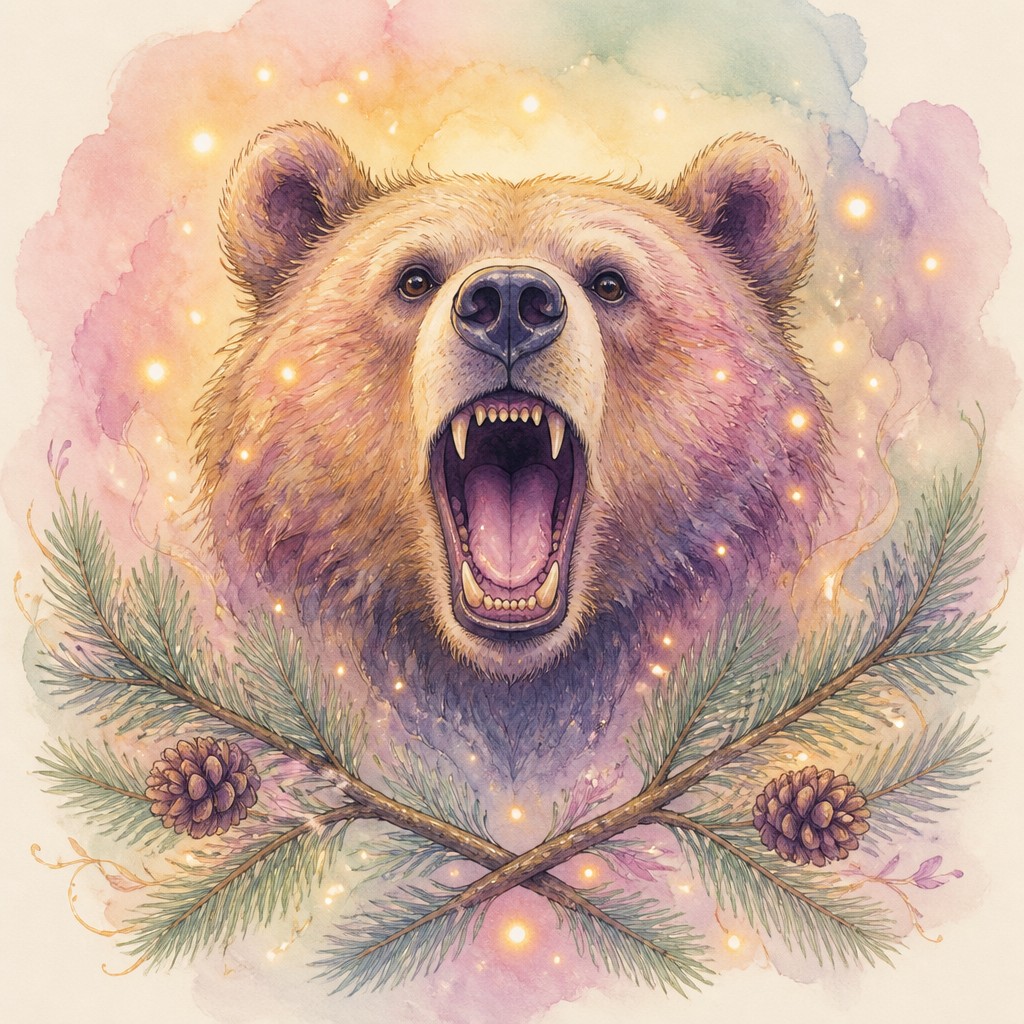 a roaring bear head above crossed pine branches, bold graphic composition on a plain background, no text — Fairy Tale Fantasy Art t-shirt design