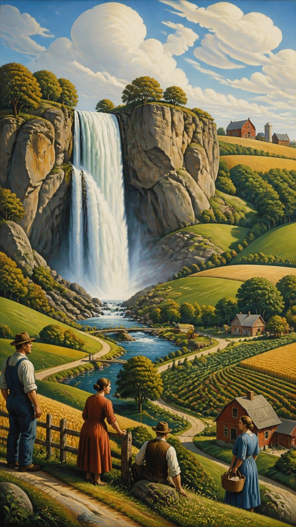 towering waterfall cascading down a cliff — American Regionalism Art Style