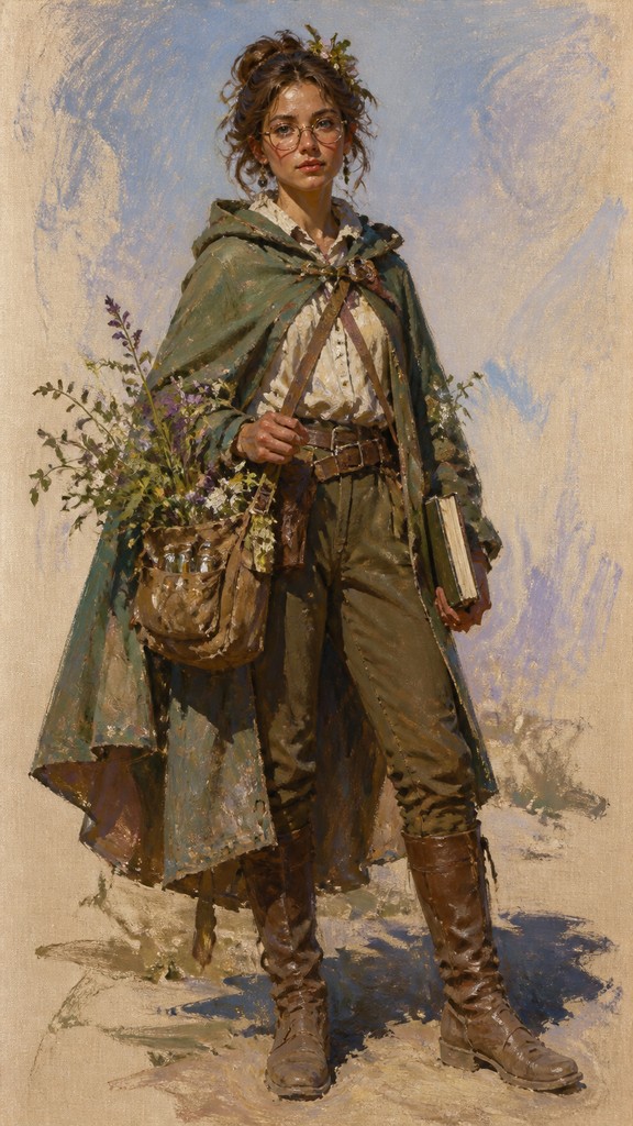 full-body original character: a wandering botanist with a satchel of plants, a patched green cloak, tall boots and round glasses, neutral background — Plein Air Landscape Art Style character design