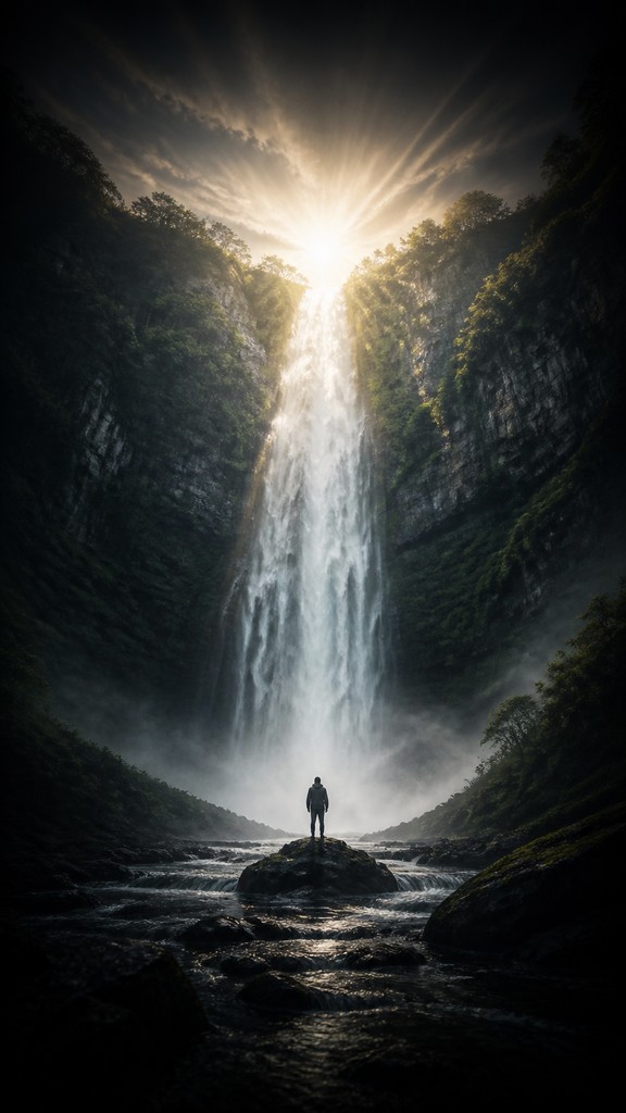 towering waterfall cascading down a cliff — Single Focal Point Art Style