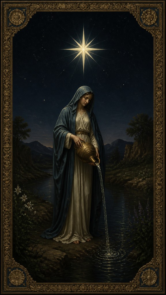 a robed figure pouring water beneath a large eight-pointed star in a night sky, symmetrical composition with an ornate decorative border, no text — Realism Art Style tarot card