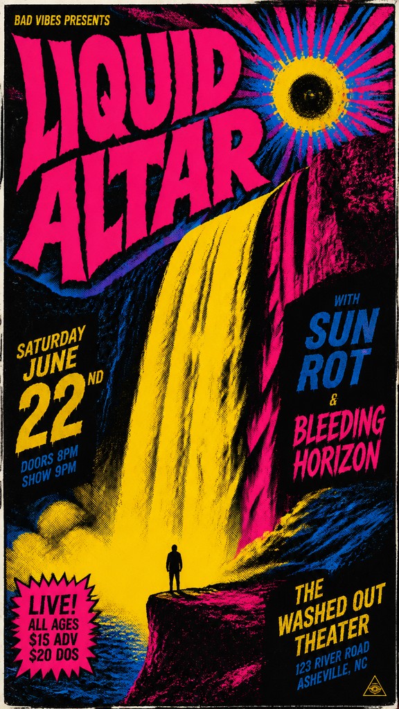 towering waterfall cascading down a cliff — Concert Poster Design