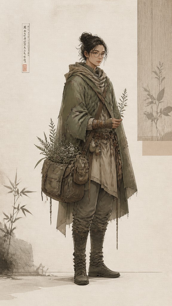 full-body original character: a wandering botanist with a satchel of plants, a patched green cloak, tall boots and round glasses, neutral background — Japanese Architecture Art character design
