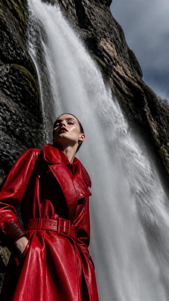 towering waterfall cascading down a cliff — High Fashion Photography Style