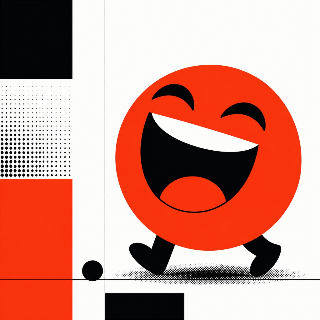 an exaggerated laughing face of an original round mascot character, bold and readable at small size, plain background, no text — Swiss Style Poster Design Twitch emote