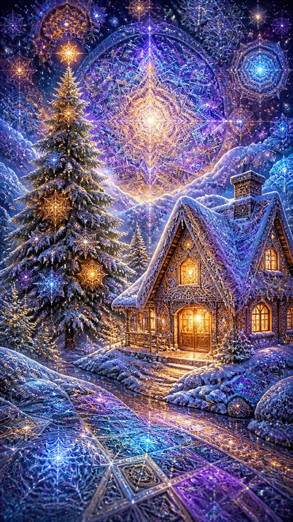 a snow-covered cottage with warm glowing windows beside a decorated pine tree, gentle snowfall, no text — Visionary Art Style Christmas card