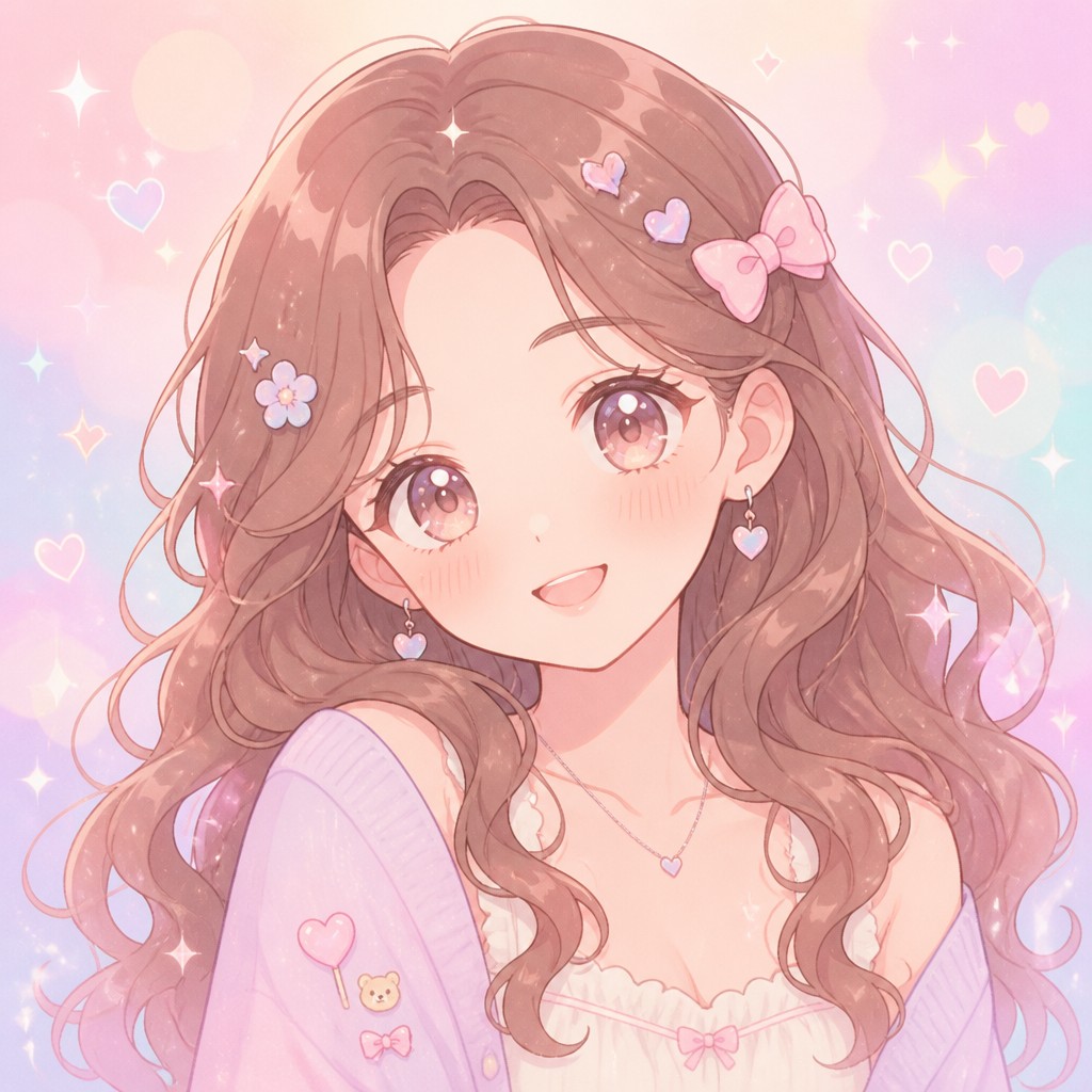 head-and-shoulders portrait of an original character: a young woman with wavy chestnut hair and a warm smile, plain soft backdrop — Kawaii Pastel Anime Art Style profile picture