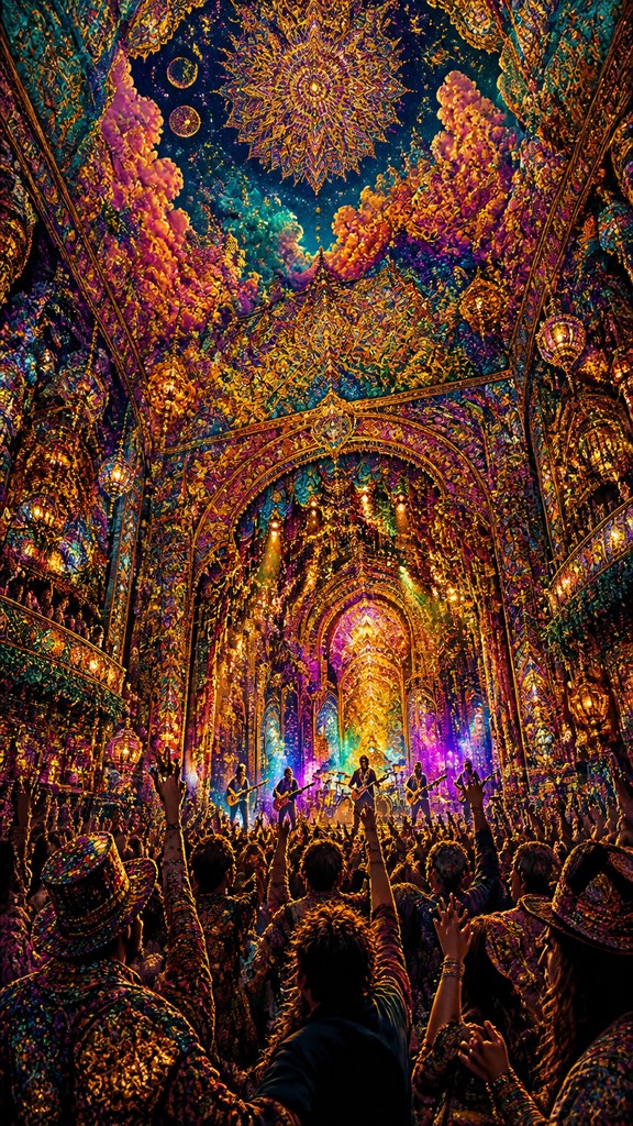 a live music scene with a glowing stage and silhouetted crowd, energetic vertical composition with open space at the top, no text — Maximalism Art Style flyer