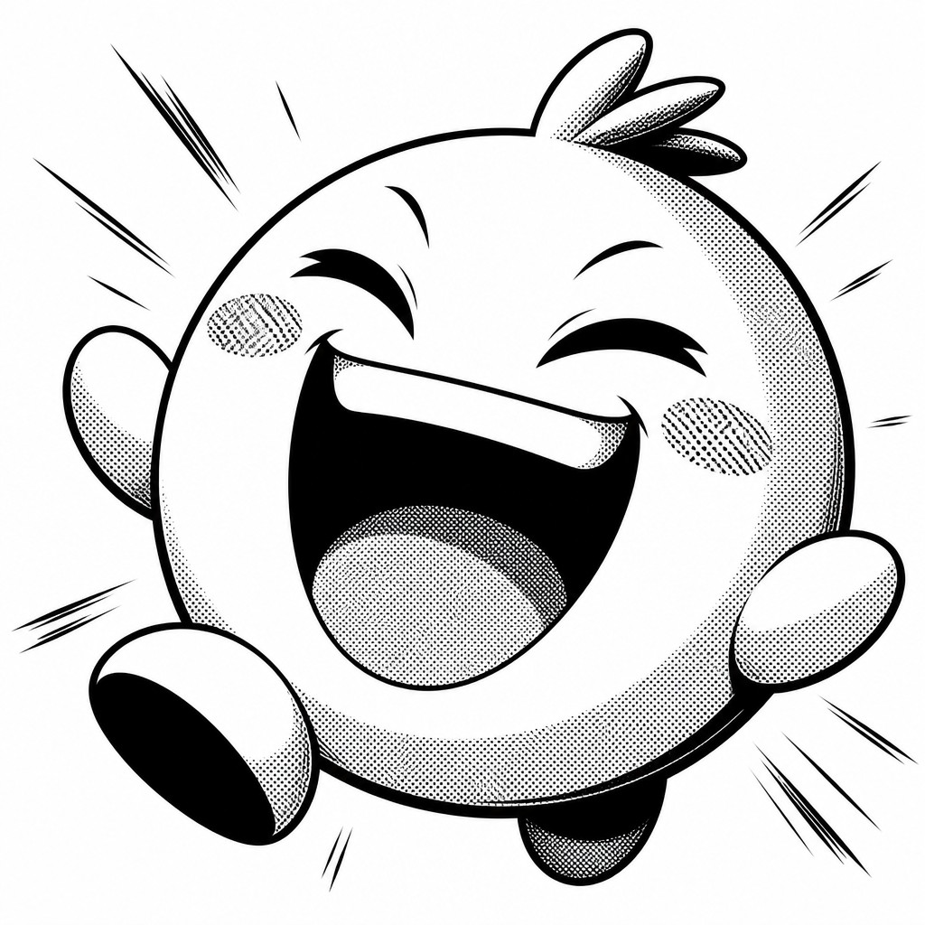 an exaggerated laughing face of an original round mascot character, bold and readable at small size, plain background, no text — Manga Art Style Twitch emote
