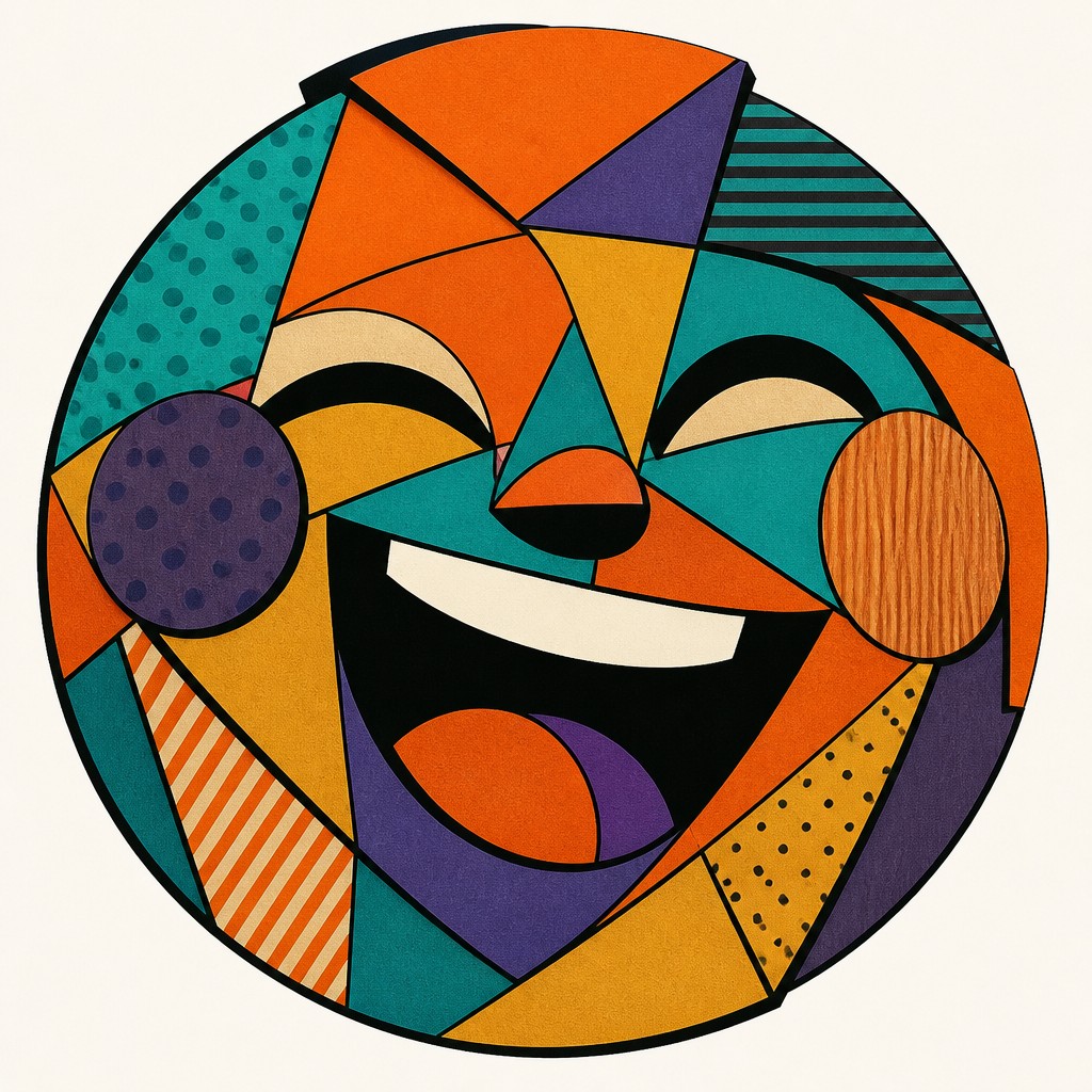 an exaggerated laughing face of an original round mascot character, bold and readable at small size, plain background, no text — Synthetic Cubism Art Style Twitch emote