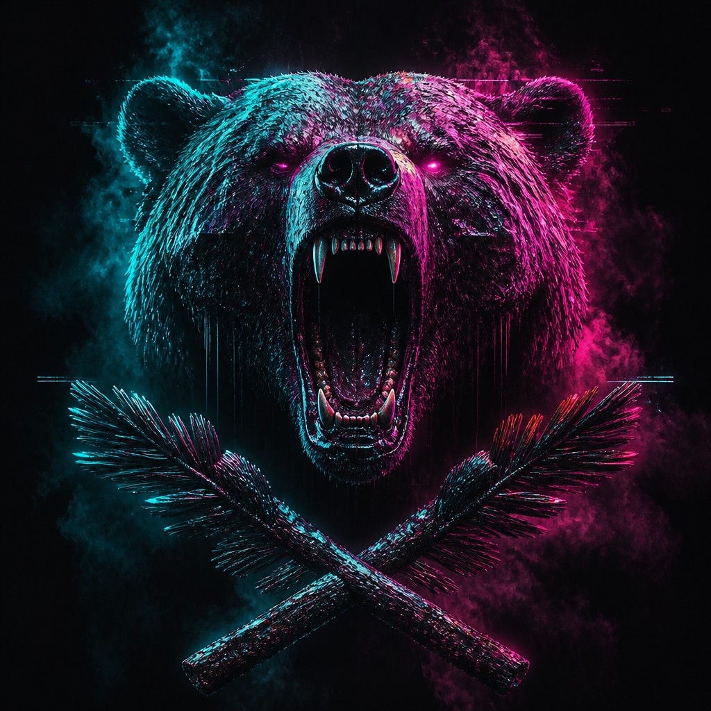 a roaring bear head above crossed pine branches, bold graphic composition on a plain background, no text — Cyberpunk Sci-Fi Art t-shirt design