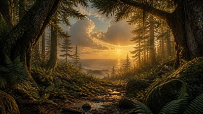 a panoramic ocean horizon with towering clouds at golden hour, no people — Forestcore Aesthetic wallpaper