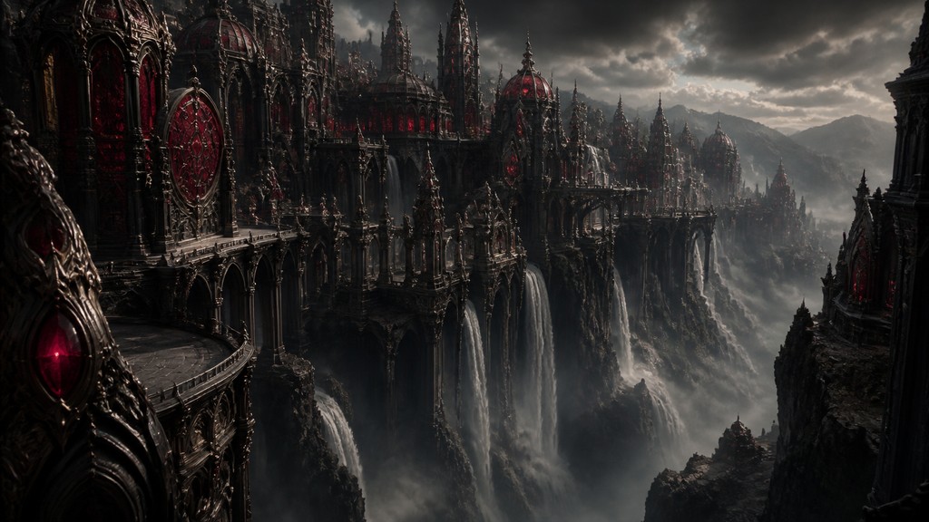 a cliffside city with waterfalls cascading into a misty canyon, wide establishing shot, no people, no text — Gothic Jewelry Design concept art