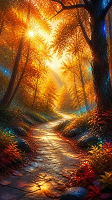 a winding forest path in golden autumn light, no people — Digital Art Style wallpaper