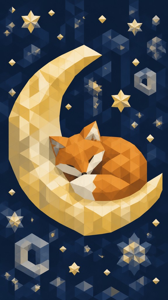 a sleeping baby fox curled on a crescent moon among soft stars, gentle and warm, no text — Isometric Geometric Art baby announcement