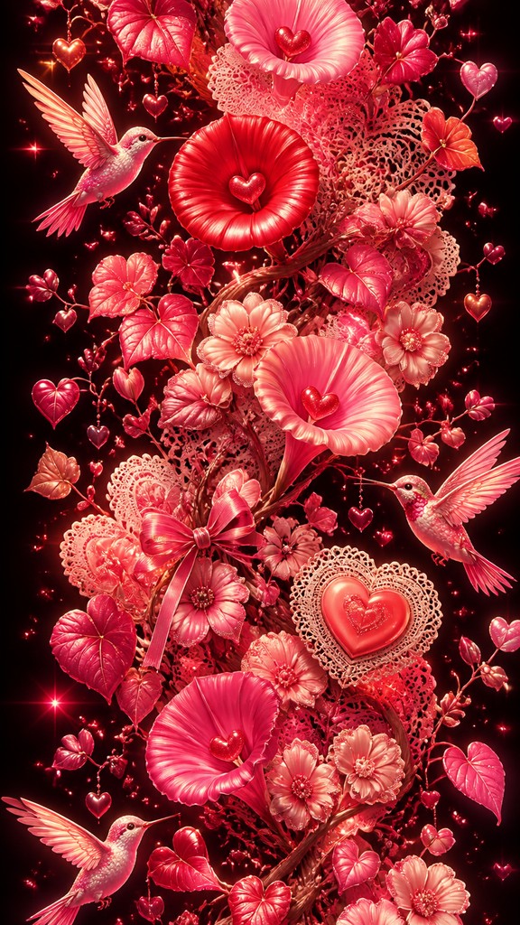 a climbing vine of flowers and hummingbirds on a dark background, tall wrapping composition, no text — Lovecore Aesthetic phone case design
