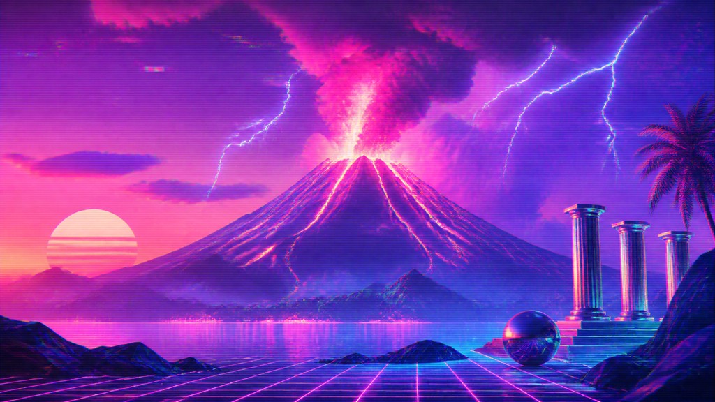 an erupting volcano with lightning strikes, dramatic wide composition, no text — Vaporwave Art Style YouTube thumbnail