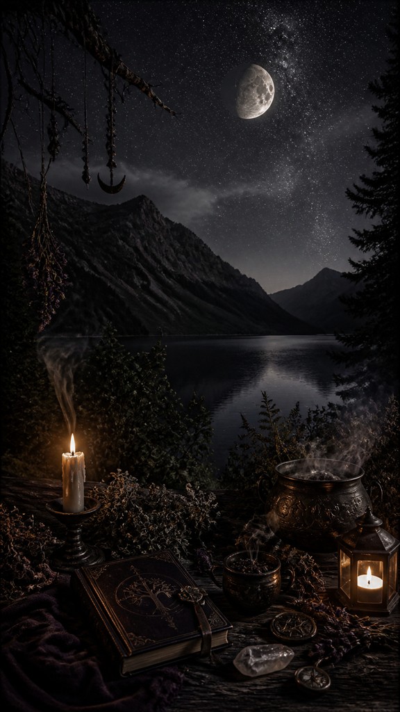 a tranquil mountain lake beneath a starry night sky, no people, no text — Witchcore Aesthetic phone wallpaper