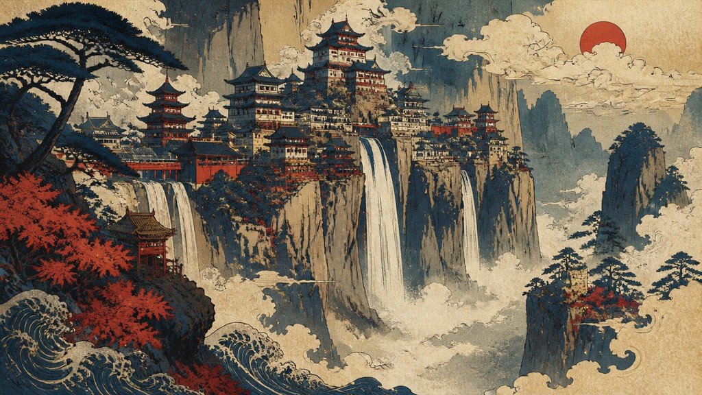 a cliffside city with waterfalls cascading into a misty canyon, wide establishing shot, no people, no text — Ukiyo-e Anime Fusion Portrait concept art