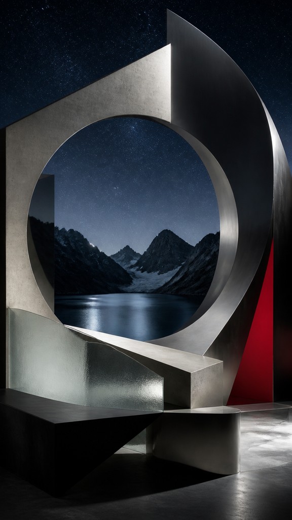 a tranquil mountain lake beneath a starry night sky, no people, no text — Modern Abstract Sculpture Art Style phone wallpaper