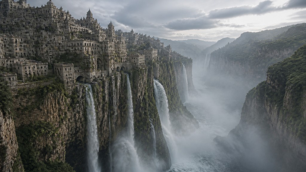 a cliffside city with waterfalls cascading into a misty canyon, wide establishing shot, no people, no text — Contemporary Realism Art Style concept art