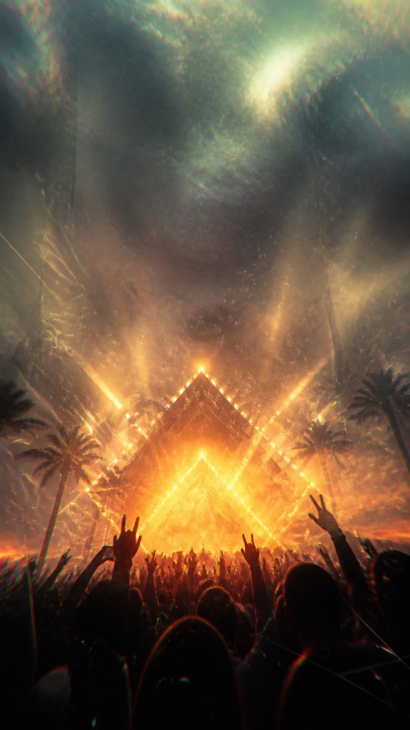 a live music scene with a glowing stage and silhouetted crowd, energetic vertical composition with open space at the top, no text — Contemporary Digital Landscape Art Style flyer