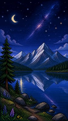 a tranquil mountain lake beneath a starry night sky, no people, no text — 16-Bit Pixel Art Style wallpaper