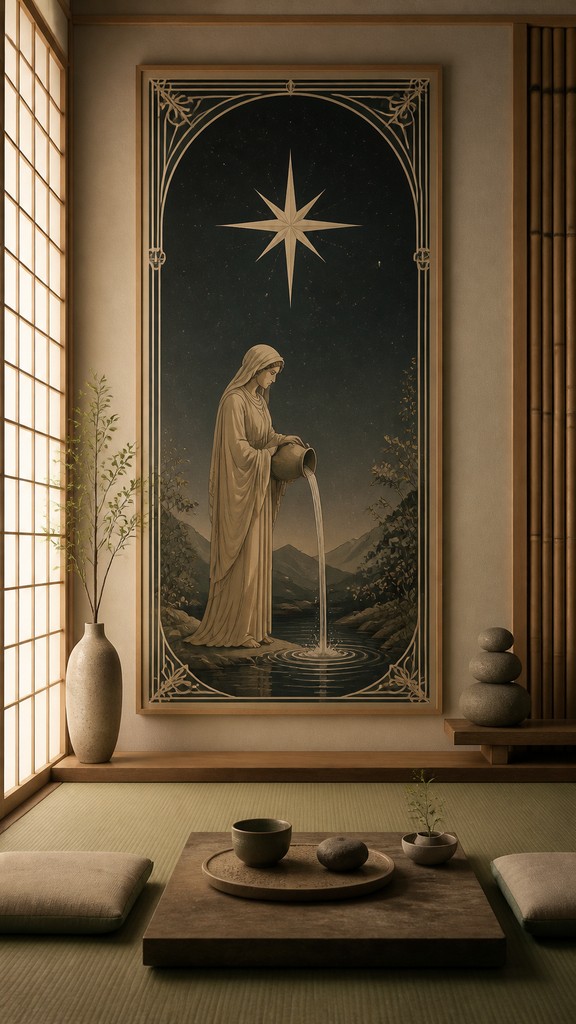 a robed figure pouring water beneath a large eight-pointed star in a night sky, symmetrical composition with an ornate decorative border, no text — Zen Interior Design tarot card
