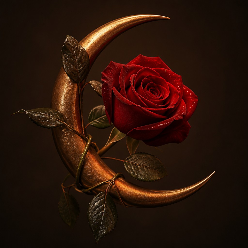 a rose entwined with a crescent moon, clean balanced composition on a plain background, no text — Food Photography Still Life Art Style tattoo design