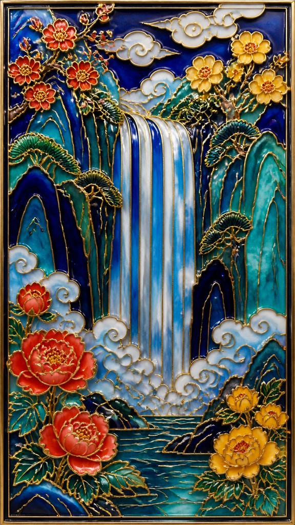 towering waterfall cascading down a cliff — Enamel Cloisonné Jewelry Design
