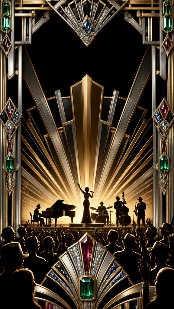 a live music scene with a glowing stage and silhouetted crowd, energetic vertical composition with open space at the top, no text — Art Deco Jewelry Design flyer