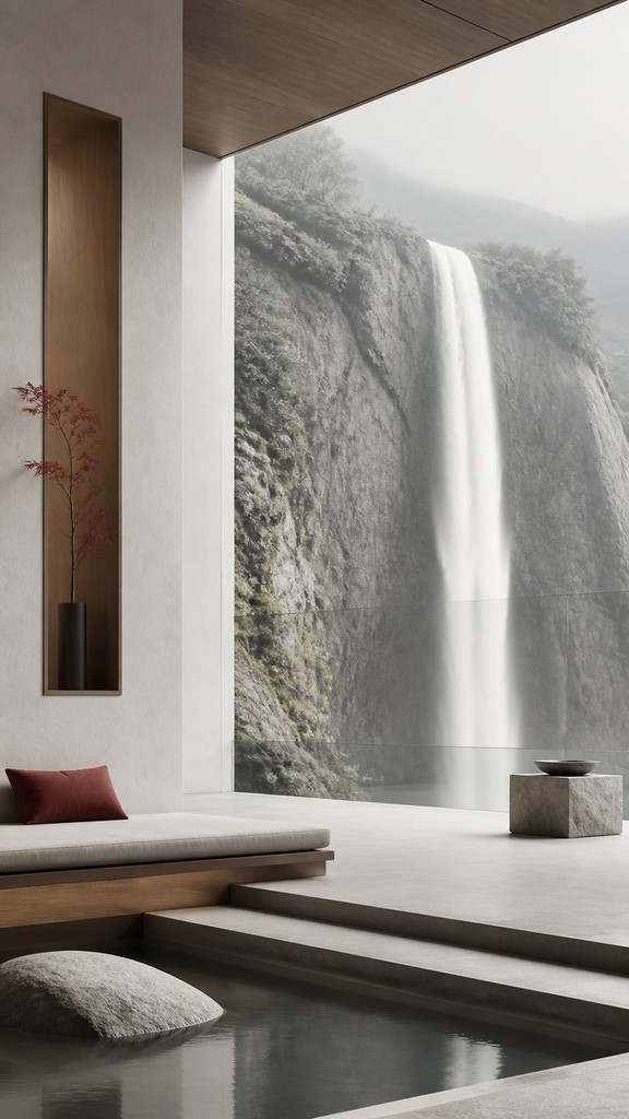towering waterfall cascading down a cliff — Minimalist Interior Design