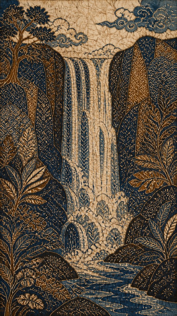 towering waterfall cascading down a cliff — Batik Art Style