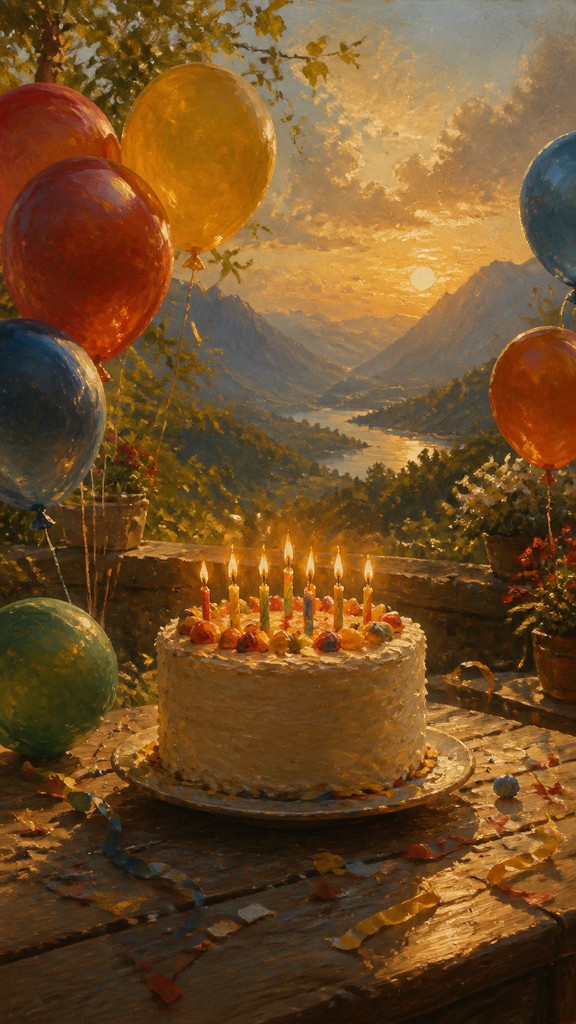 a birthday cake with lit candles surrounded by balloons and confetti, festive vertical composition, no text — Landscape Nature Art birthday card