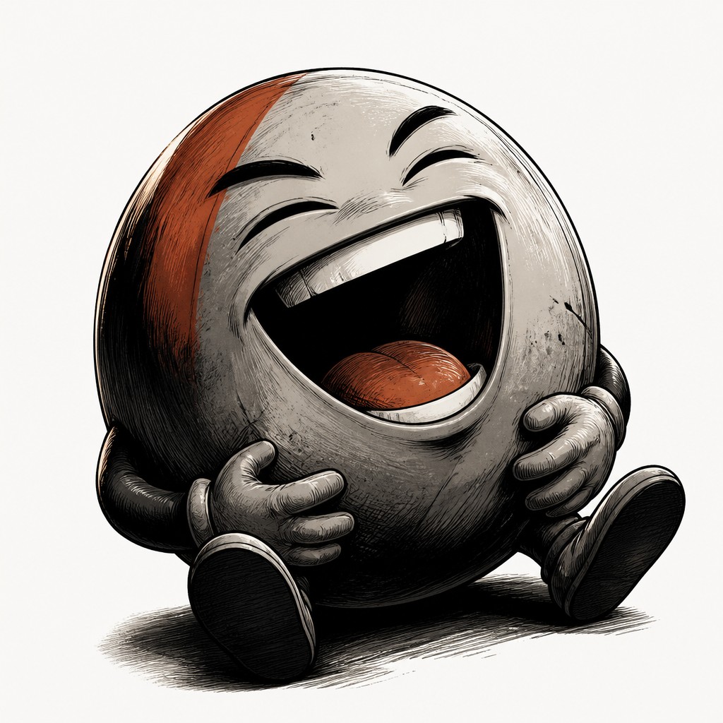 an exaggerated laughing face of an original round mascot character, bold and readable at small size, plain background, no text — Graphic Novel Art Twitch emote