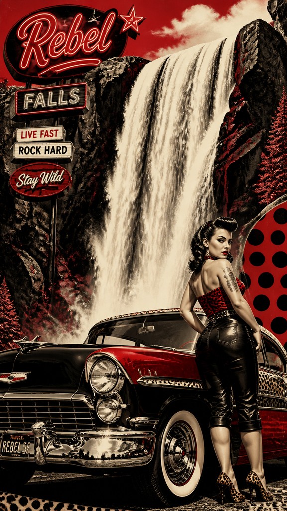 towering waterfall cascading down a cliff — Rockabilly Aesthetic