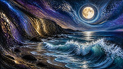 a moonlit coastline with cliffs and crashing surf, no people — Fluid Abstract Art Style wallpaper