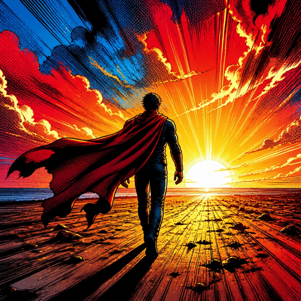 a solitary figure walking toward a glowing horizon across an empty plain, moody atmosphere, no text or lettering — Superhero Comic Art album cover