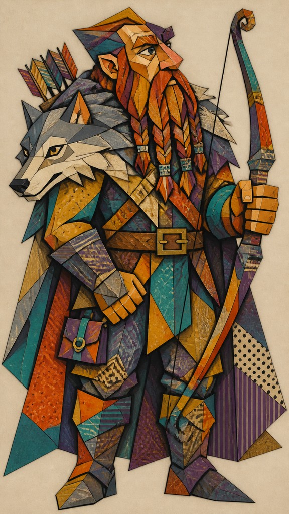 full-body original character: a dwarven ranger with a braided auburn beard, worn leather armor, a longbow and a wolf-pelt cloak, neutral background, no text — Synthetic Cubism Art Style tabletop character portrait