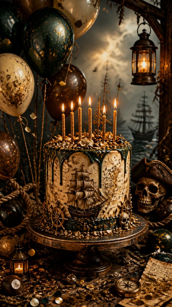 a birthday cake with lit candles surrounded by balloons and confetti, festive vertical composition, no text — Piratecore Aesthetic birthday card