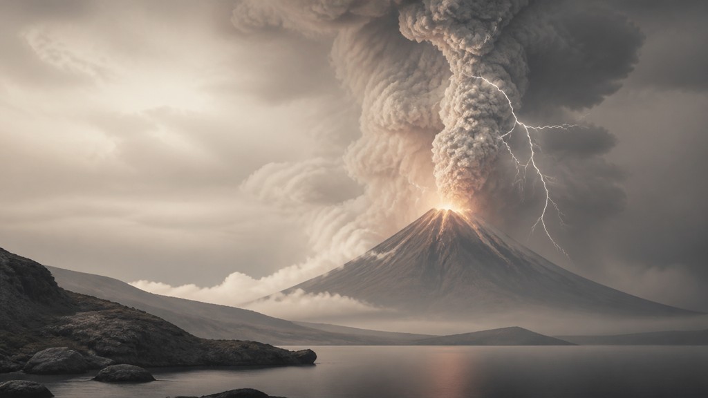 an erupting volcano with lightning strikes, dramatic wide composition, no text — Contemporary Interior Design YouTube thumbnail